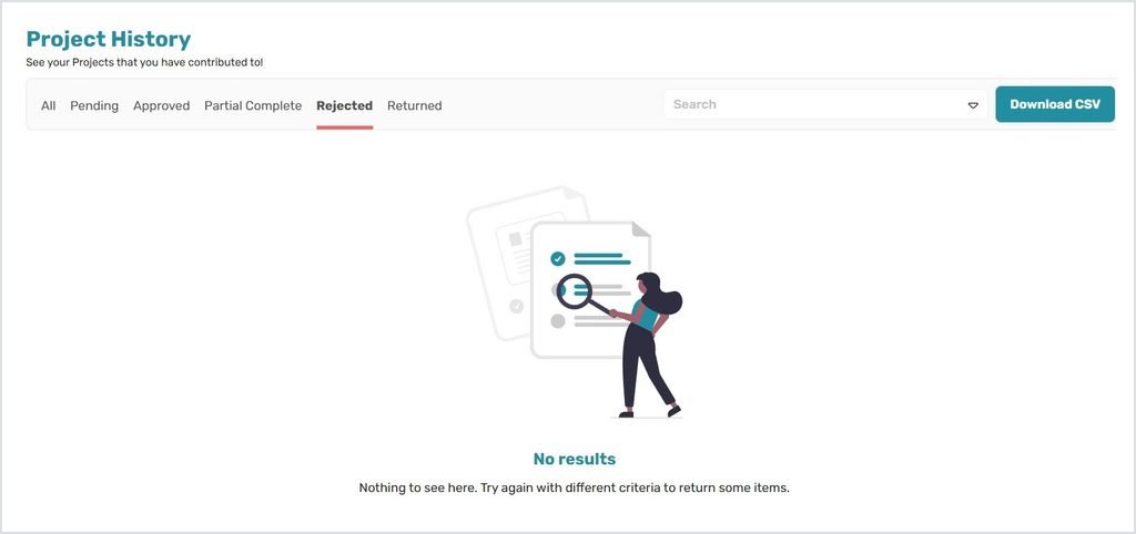 CloudResearch Connect rejected tab showing no rejected studies