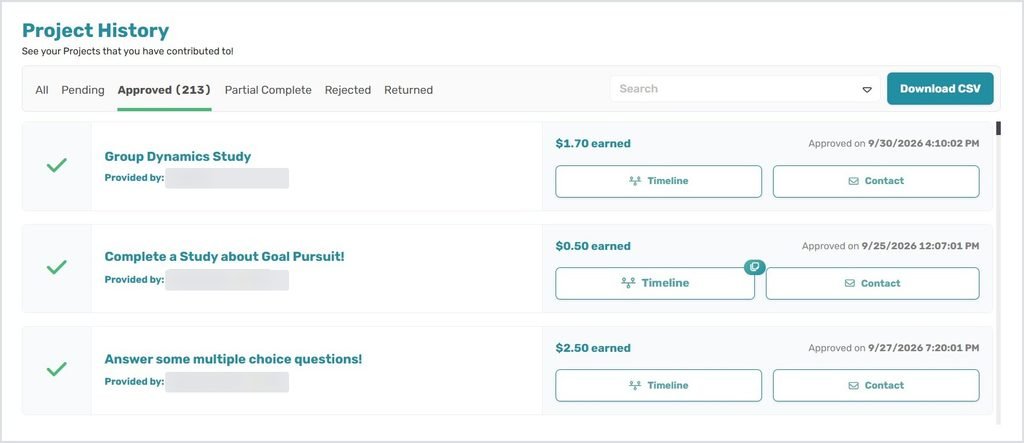 CloudResearch Connect project history showing 213 approved studies