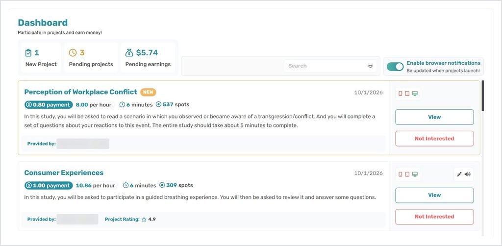 CloudResearch Connect dashboard showing studies with payment, hourly rate, time and spots left