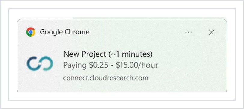 CloudResearch Connect notification showing a study's pay range