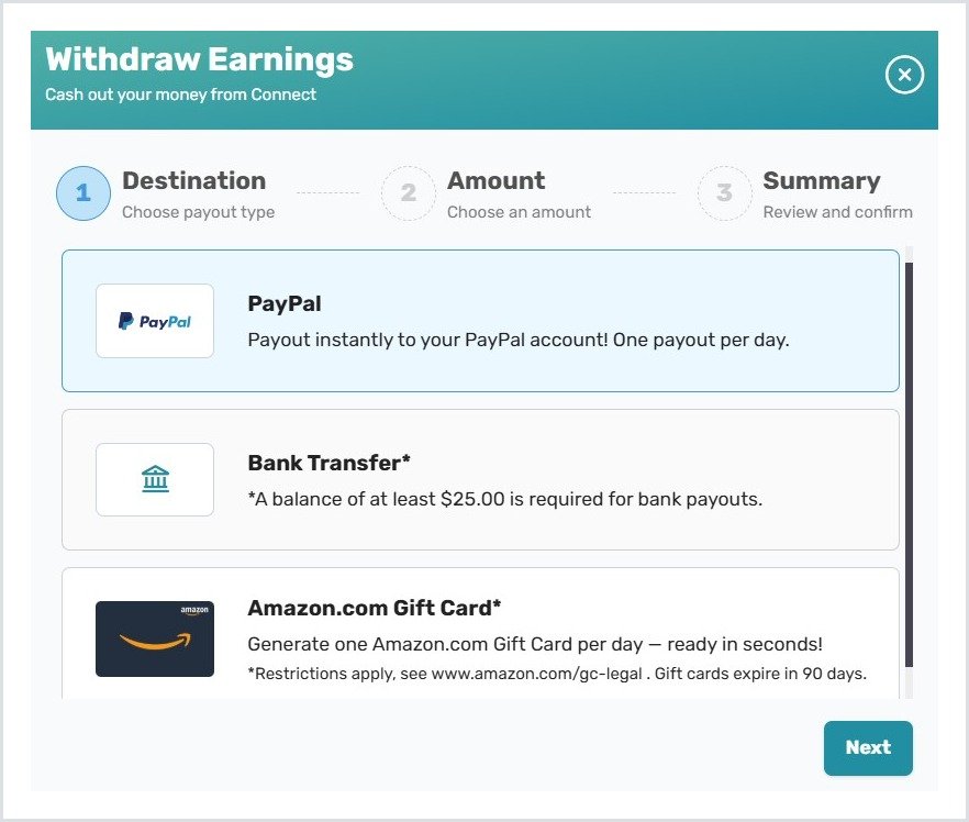 CloudResearch Connect payout options: PayPal, bank transfer and Amazon gift card