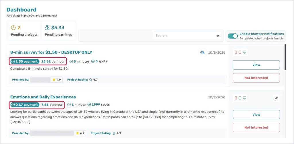 CloudResearch Connect dashboard showing study pay and hourly rate