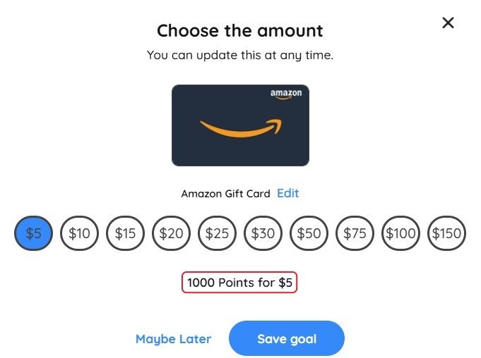 Crowdtap gift card amounts: 1,000 points for $5