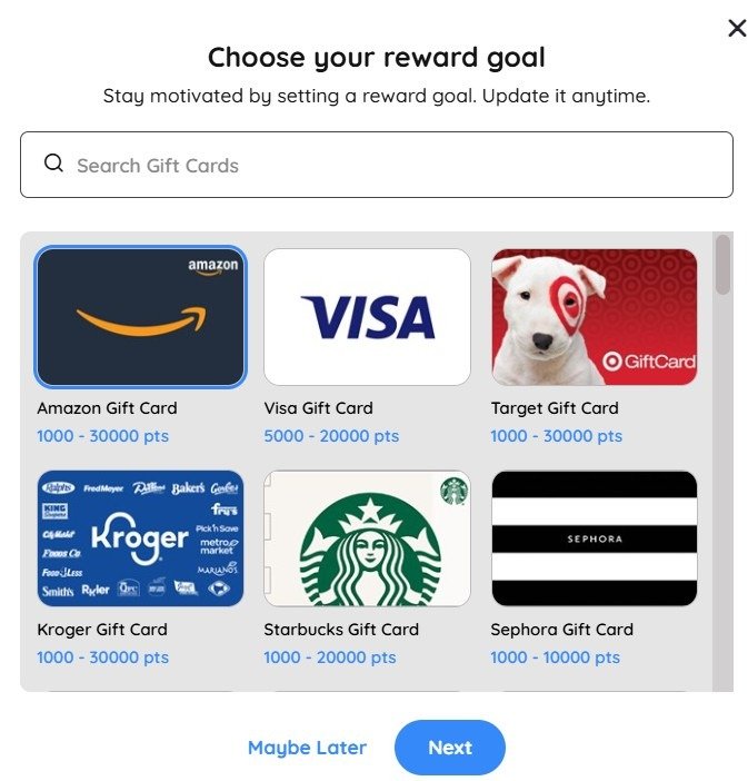 Choosing a Crowdtap reward goal gift card