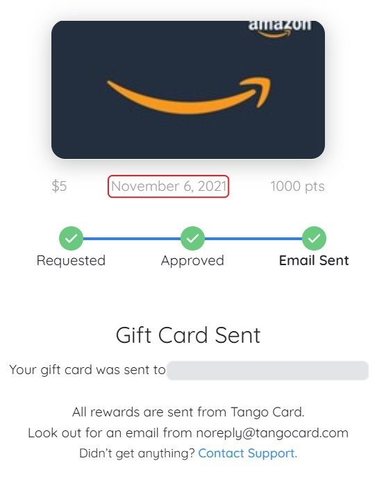 Is Crowdtap legit: my first $5 Amazon gift card from Crowdtap on November 6, 2021