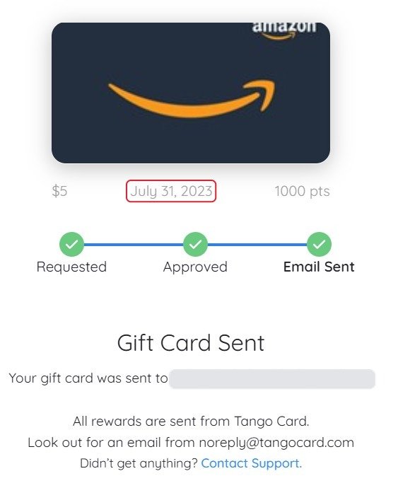My last Crowdtap gift card, requested July 31, 2023