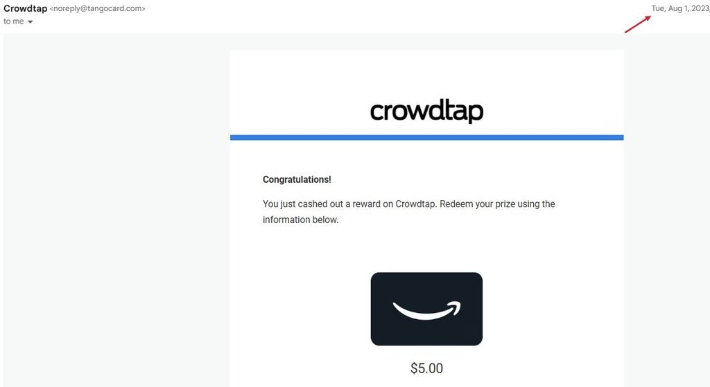 Crowdtap gift card email from Tango Card on August 1, 2023