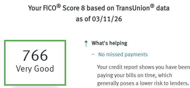 FICO Score 8 of 766 in March 2026