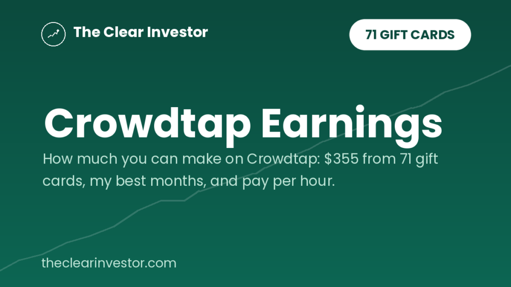 Crowdtap earnings graphic from The Clear Investor showing $355 earned from 71 gift cards, with a rising line chart on a green background.
