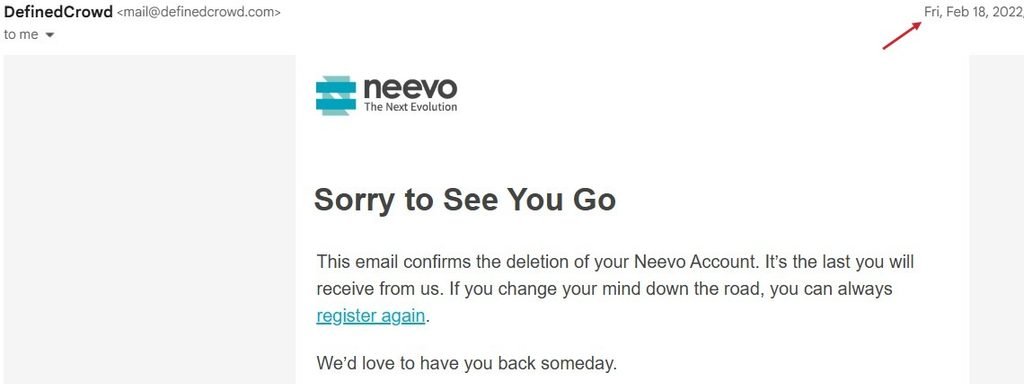 Neevo account deletion email from February 18, 2022