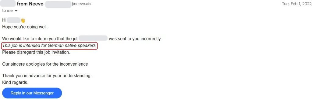 Neevo email saying a German job was sent to me by mistake