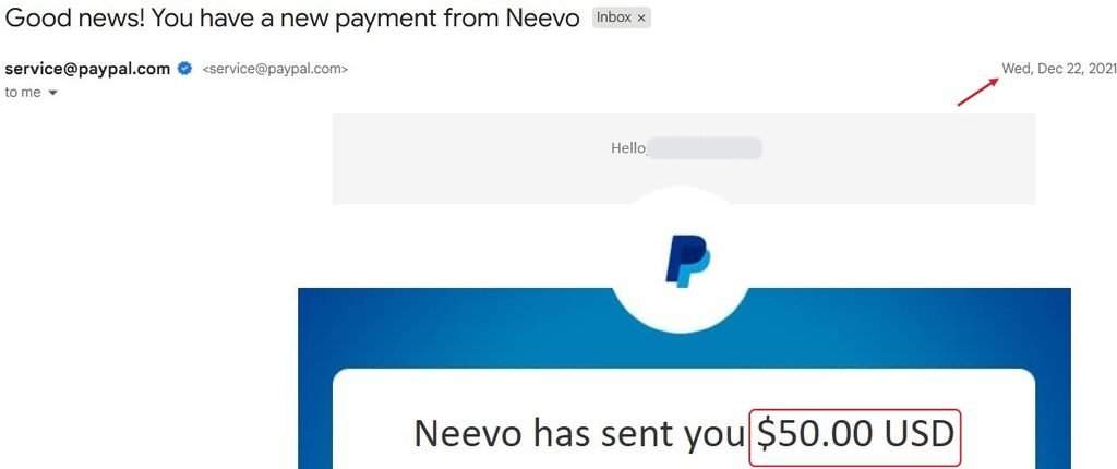 Neevo sent me $50 on PayPal on December 22, 2021
