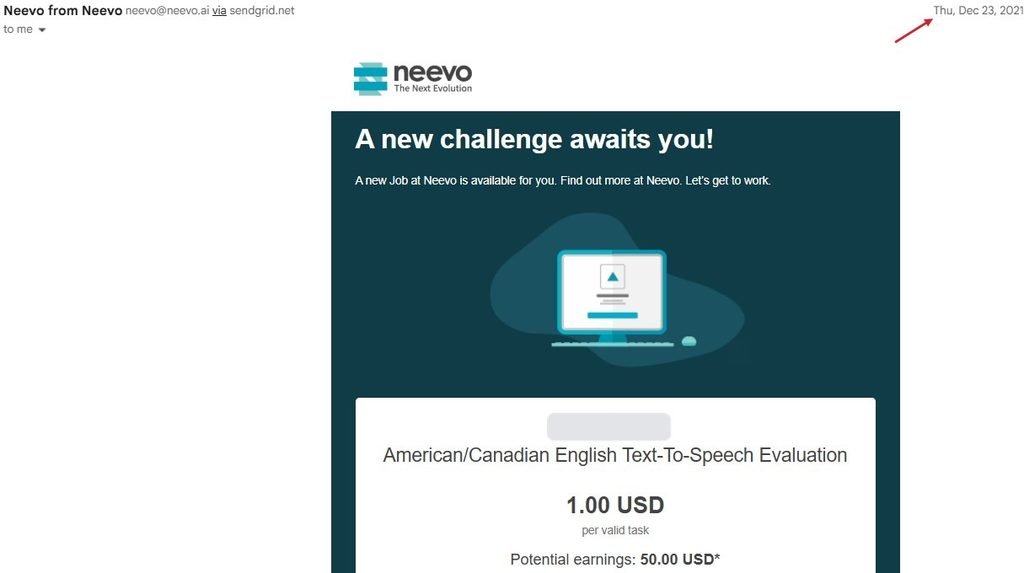 My second Neevo project on December 23, 2021 which is a Text-To-Speech Evaluation project paying $1 per task