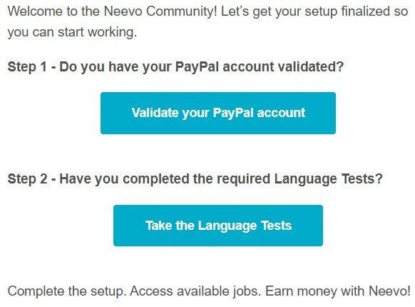 Neevo setup steps: validate PayPal and take the language tests