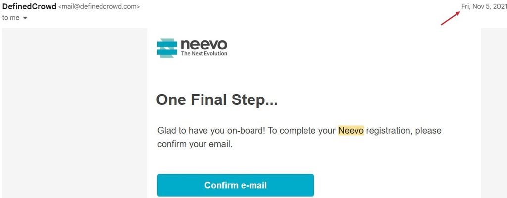 Is Neevo AI legit: my Neevo sign-up email from November 5, 2021