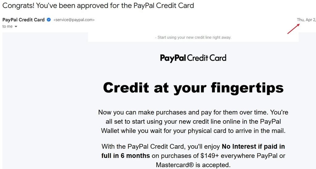 PayPal Credit Card approval email from April 2
