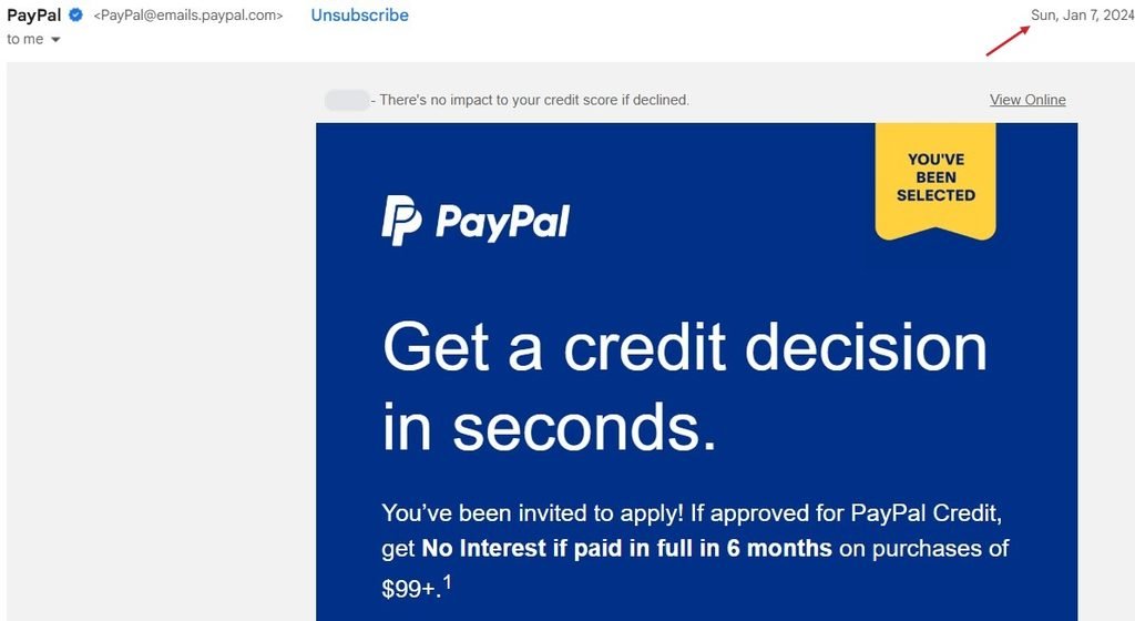 PayPal email from January 2024 inviting me to apply for the PayPal Credit Card