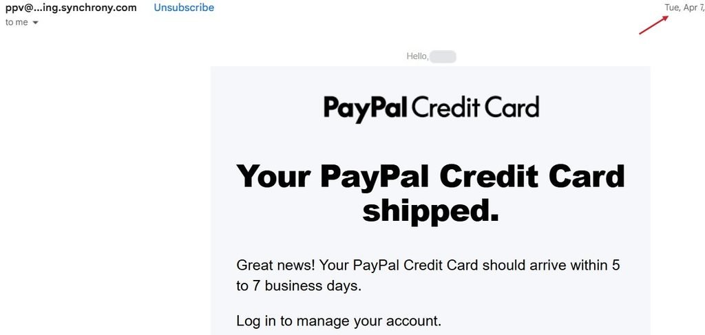 PayPal Credit Card shipped email from April 7
