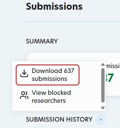 Prolific menu with the Download submissions option highlighted