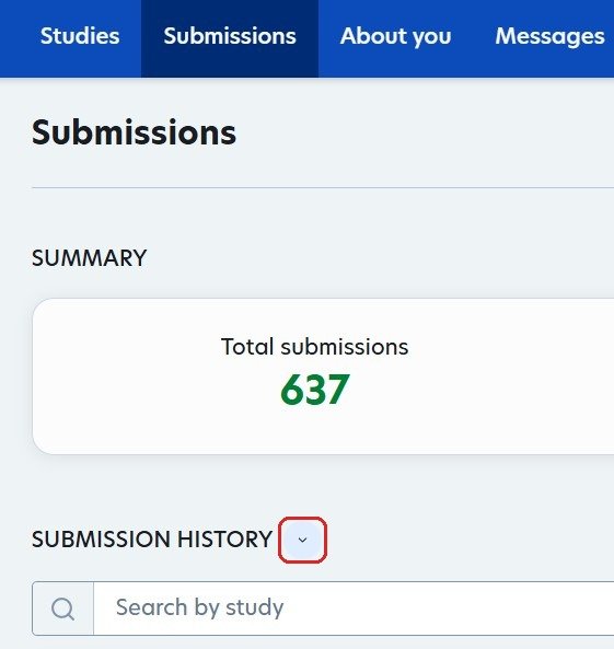 Prolific Submissions page with the arrow next to Submission History highlighted