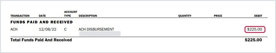Public statement showing a $225 withdrawal in December 2022