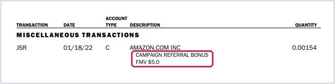 Public statement showing a $5 Amazon stock referral bonus