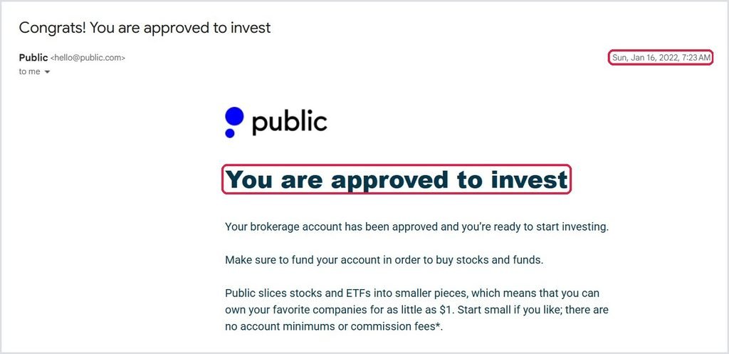 Public email saying I was approved to invest on January 16, 2022