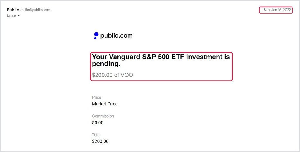 My first stock order: $200 of VOO pending on Public, January 16, 2022