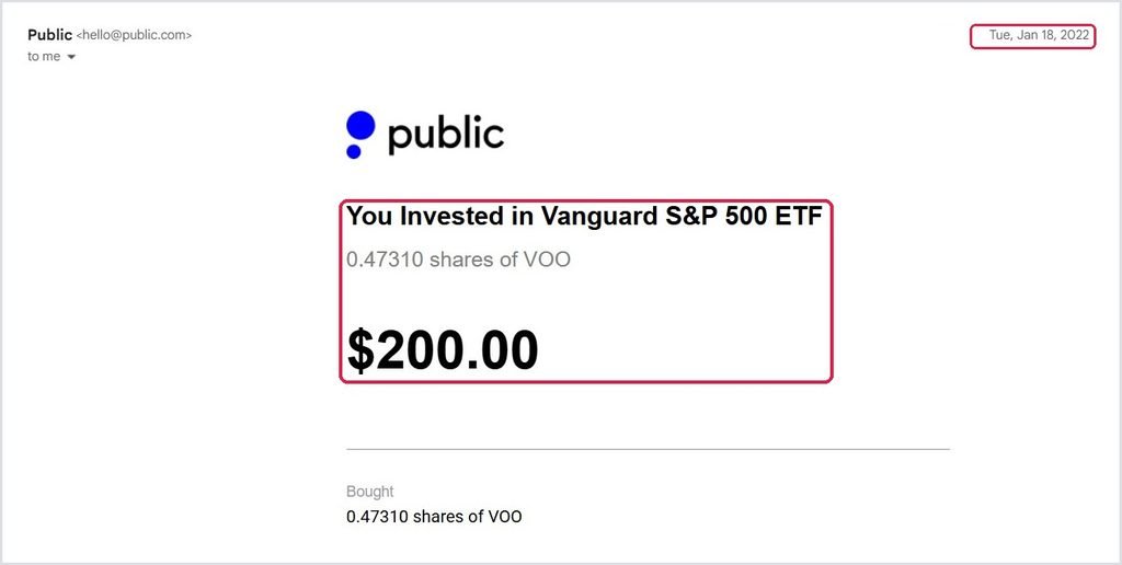 Public confirmation of my first VOO purchase, 0.47310 shares for $200