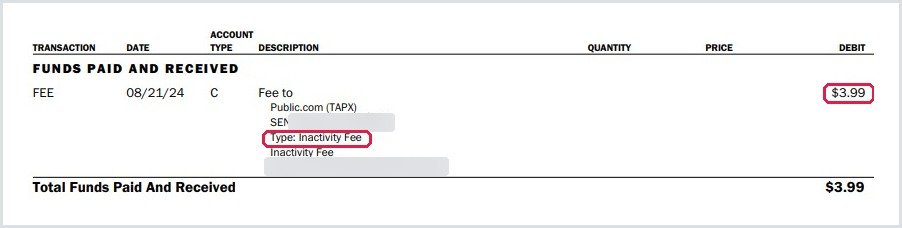 Public statement showing a $3.99 inactivity fee