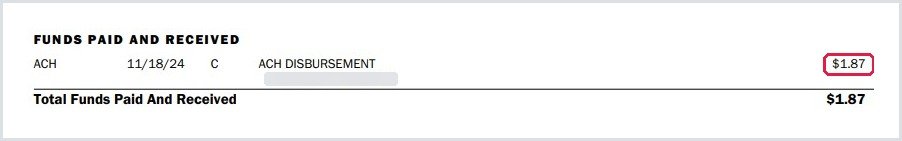 Public statement showing my final $1.87 withdrawal