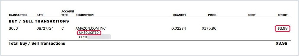 Public statement showing my Amazon stock sold unsolicited for $3.98