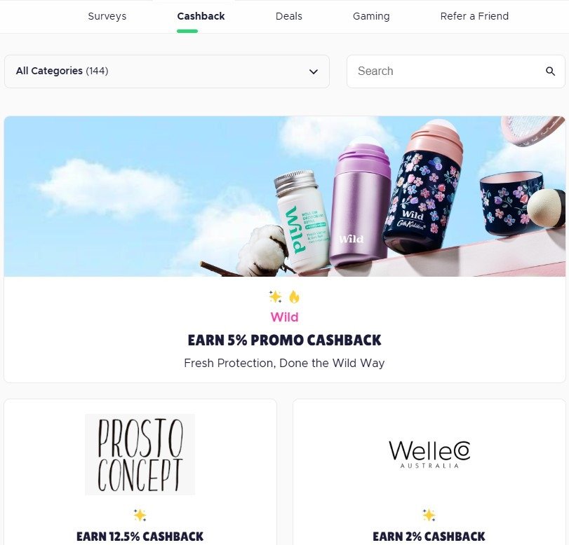Qmee cashback section with 144 brands