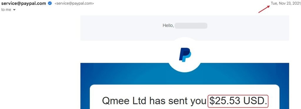 Is Qmee legit: my first Qmee PayPal payout of $25.53 on November 23, 2021