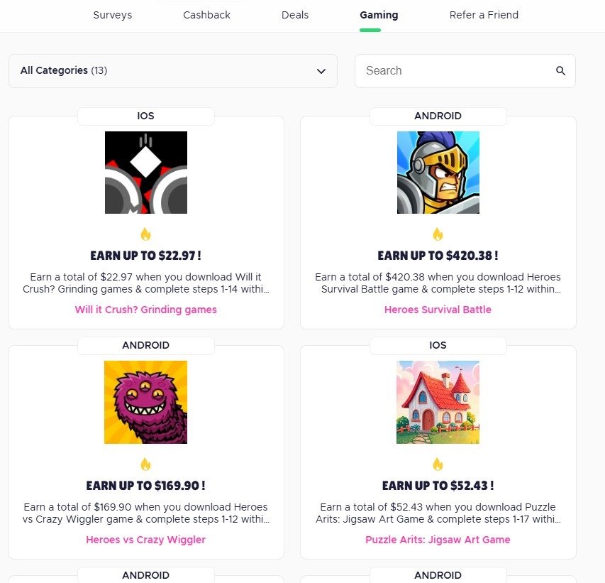 Qmee gaming section paying to download games
