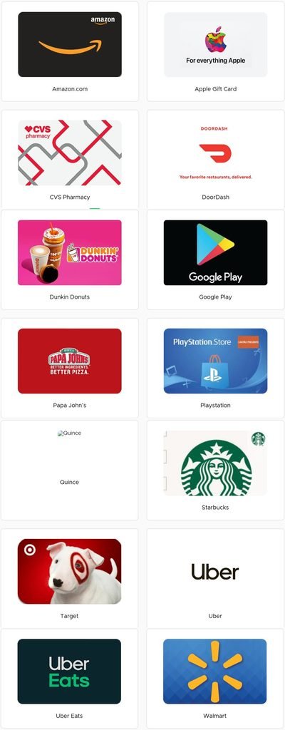 Qmee gift card options including Amazon, Target and Walmart
