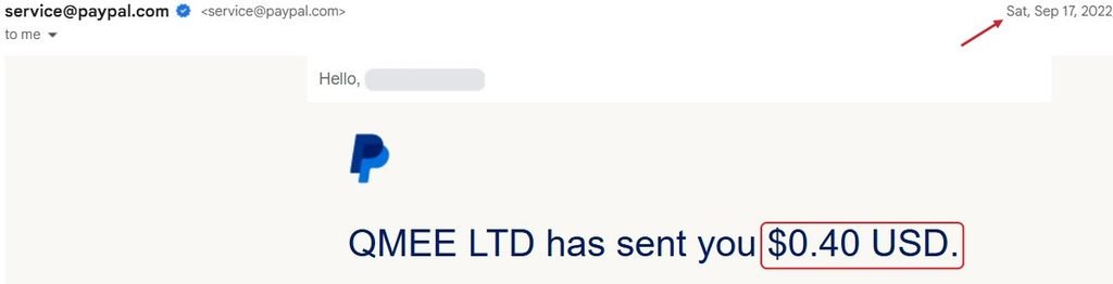 My last Qmee PayPal payout of $0.40 on September 17, 2022, with no minimum