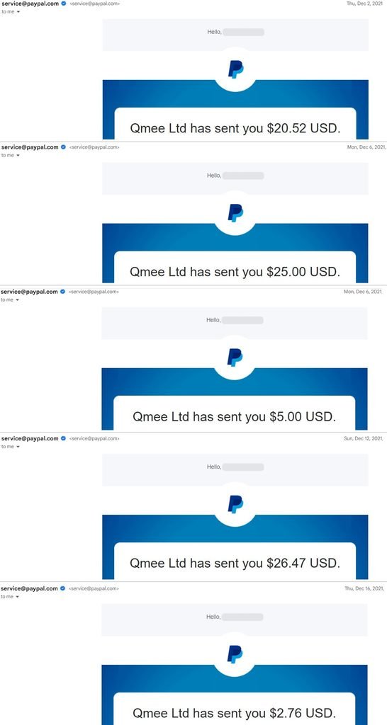 Qmee PayPal payouts in December 2021, part 1