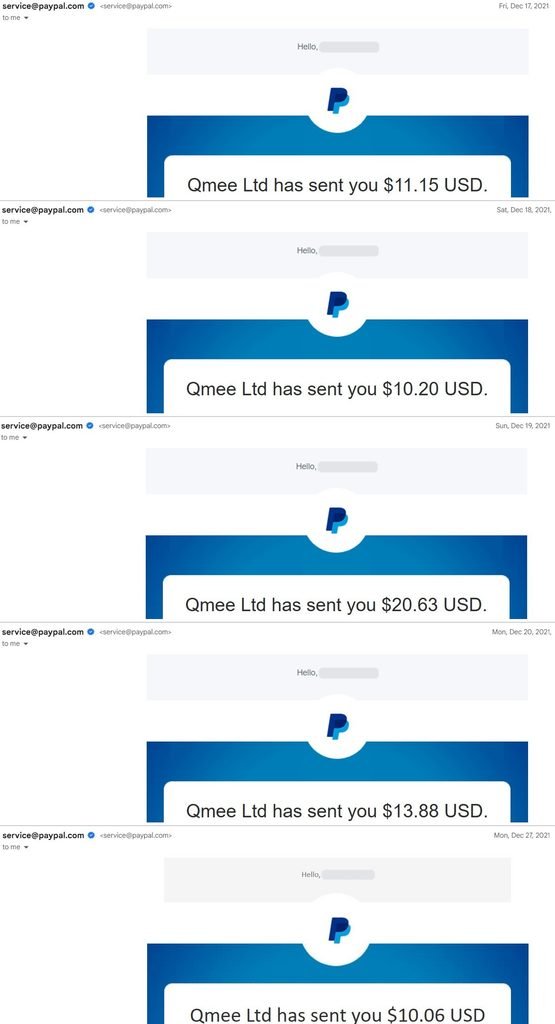 Qmee PayPal payouts in December 2021, part 2