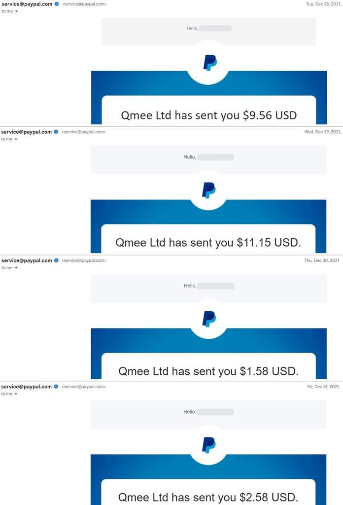 Qmee PayPal payouts in December 2021, part 3