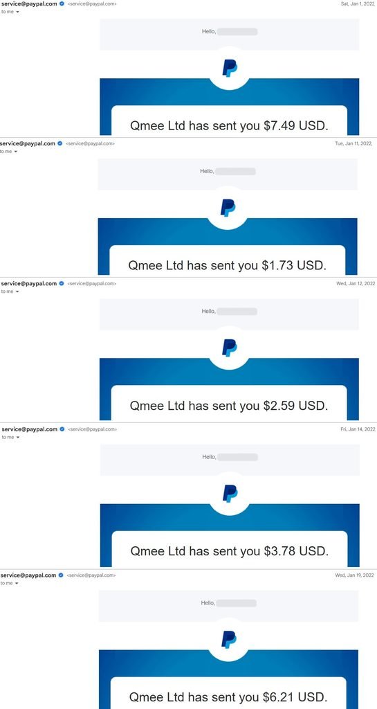 Qmee PayPal payouts in January 2022, part 1