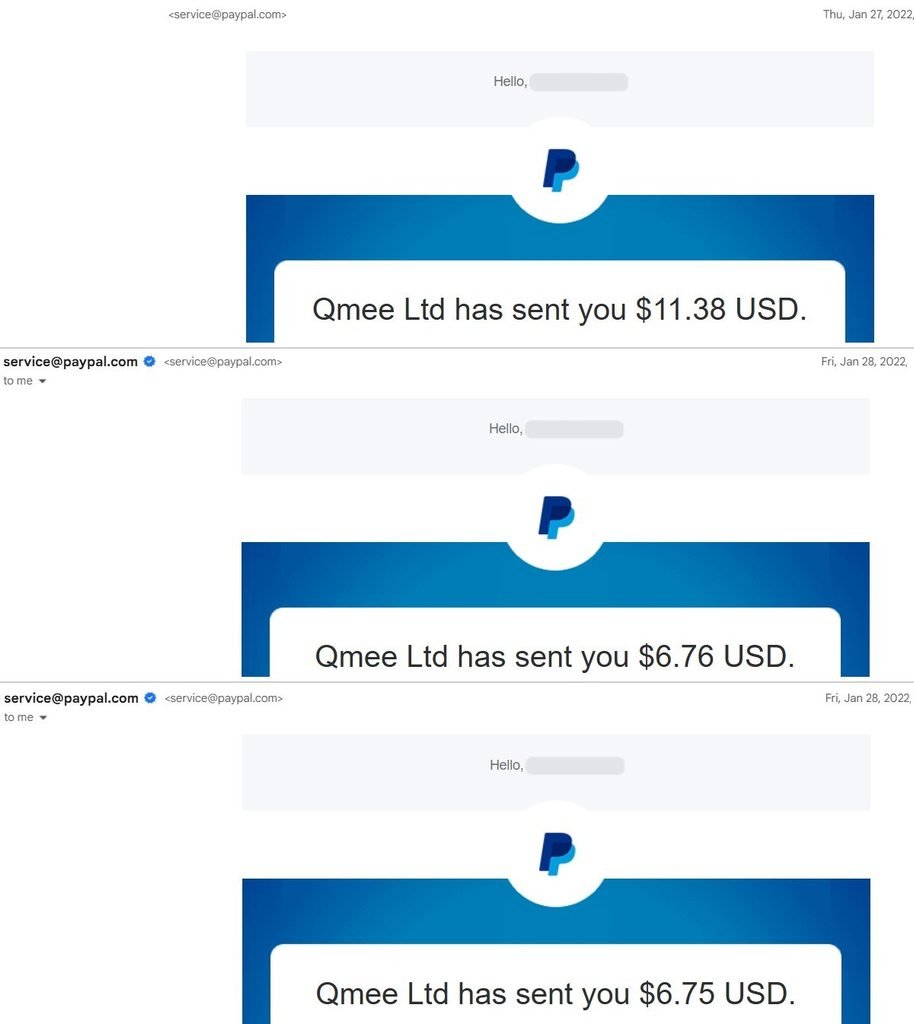 Qmee PayPal payouts in January 2022, part 2