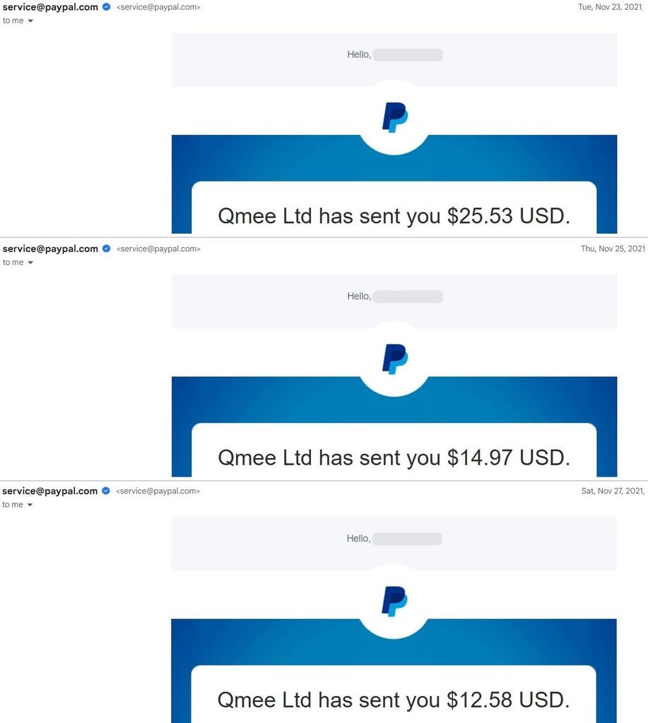 Qmee PayPal payouts in November 2021