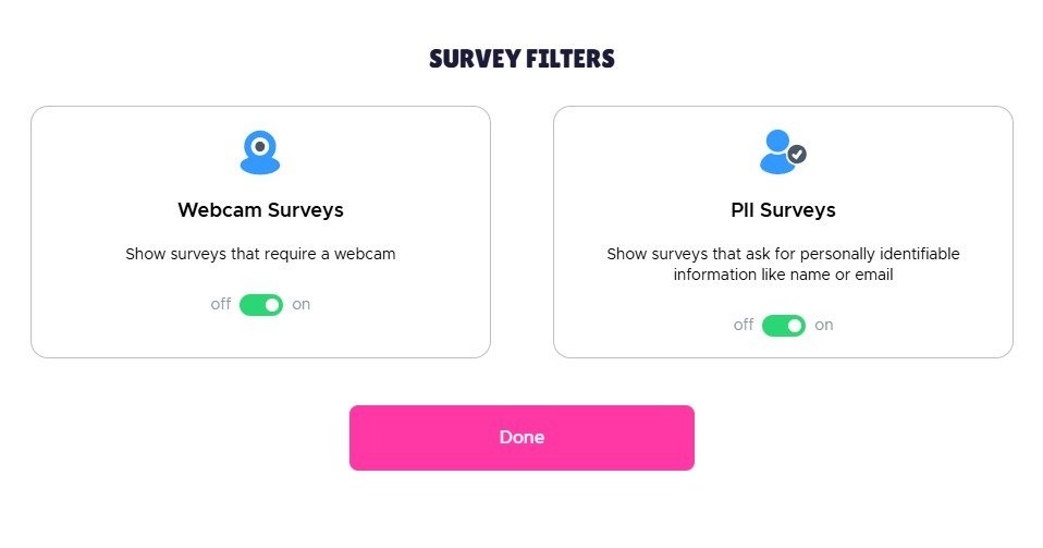 Qmee survey filters for webcam and PII surveys turned on