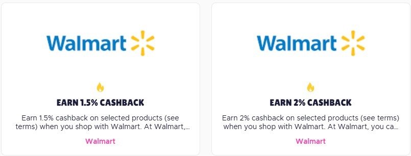 Qmee Walmart cashback offers of 1.5% and 2%