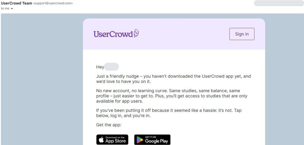 UserCrowd email inviting me to download the iOS and Android app
