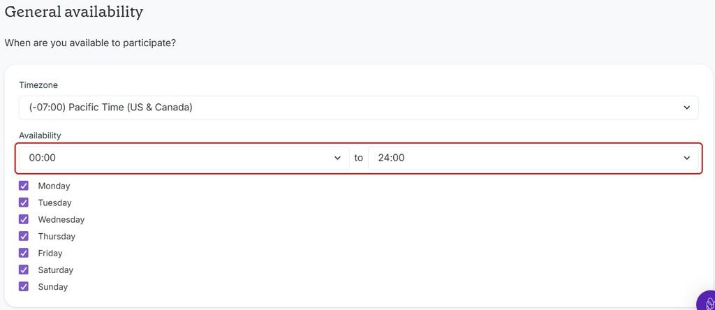 UserCrowd availability set from 00:00 to 24:00 every day