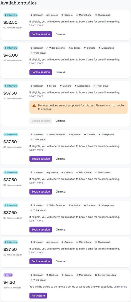 UserCrowd dashboard with 289.20 dollars of available interviews and tests