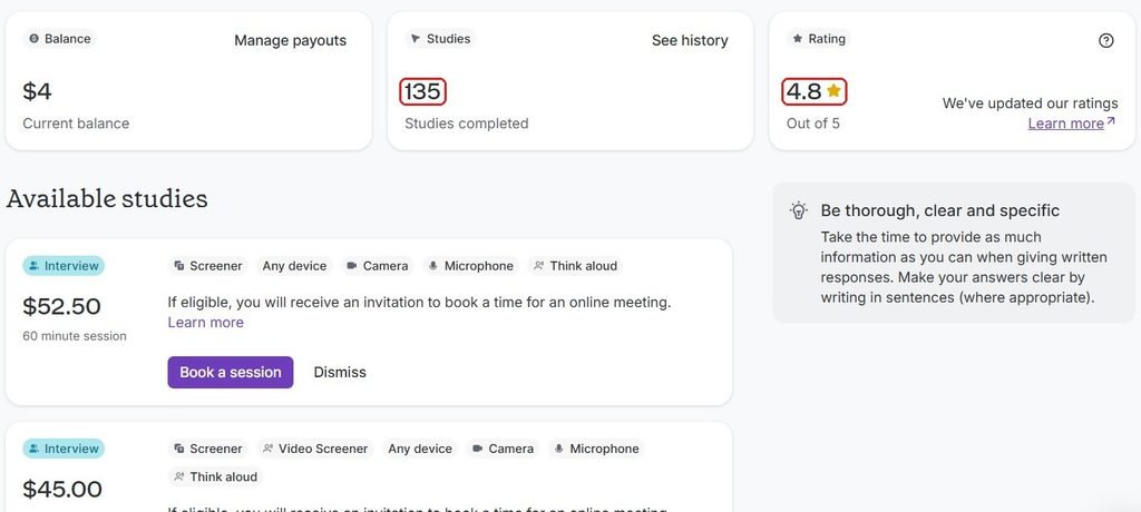 UserCrowd dashboard showing 135 studies completed, a 4.8 rating and a 4 dollar balance