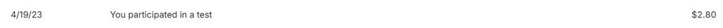 UserCrowd history showing a 2.80 dollar test on April 19, 2023